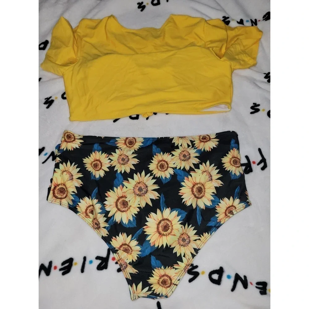 NWOT Yellow sunflower high waisted T-shirt style Bikini 2xl